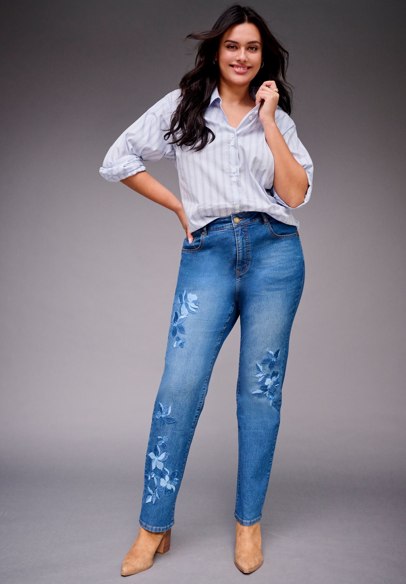 Embroidered Straight Leg Jean, MEDIUM WASH SHADOW FLORAL, on-hover image number 1