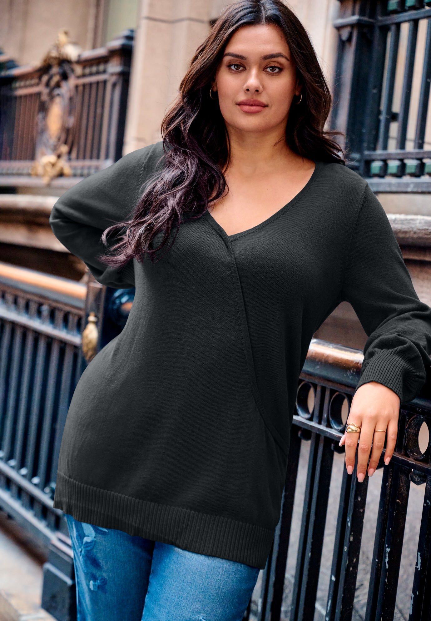 Faux Wrap Pull Over Sweater, BLACK, hi-res image number 0