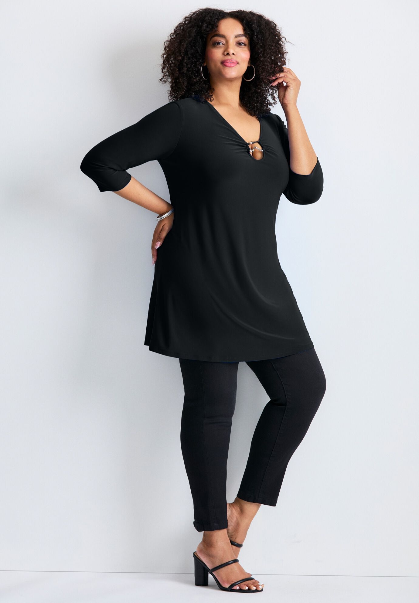 Ring Detail Tunic Top, BLACK, alternate image number 3