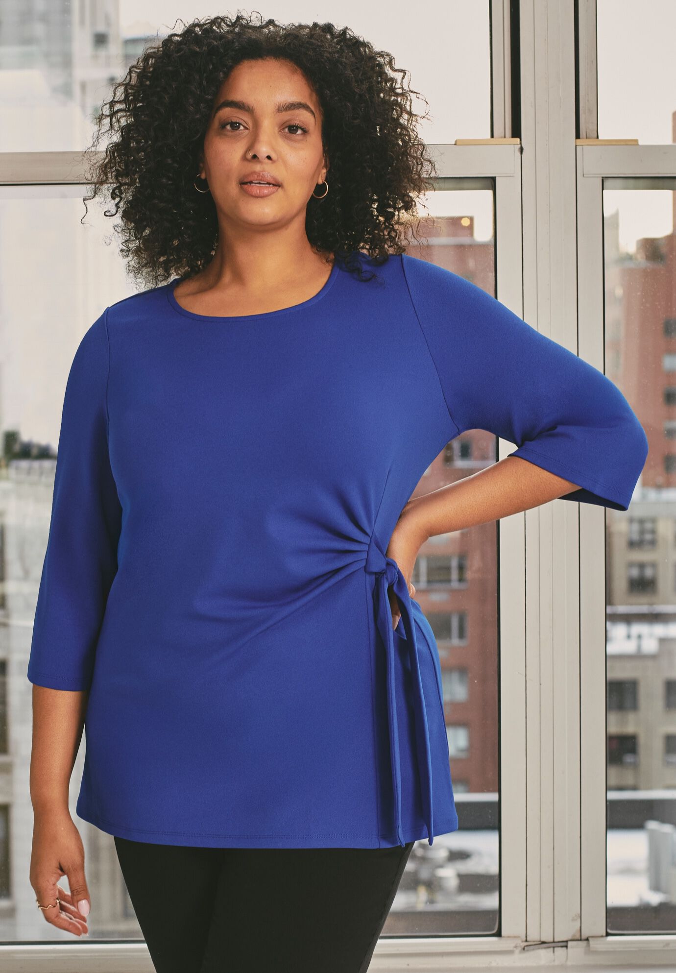 Knit Crepe Tie Detail Tunic, DARK SAPPHIRE, on-hover image number 1
