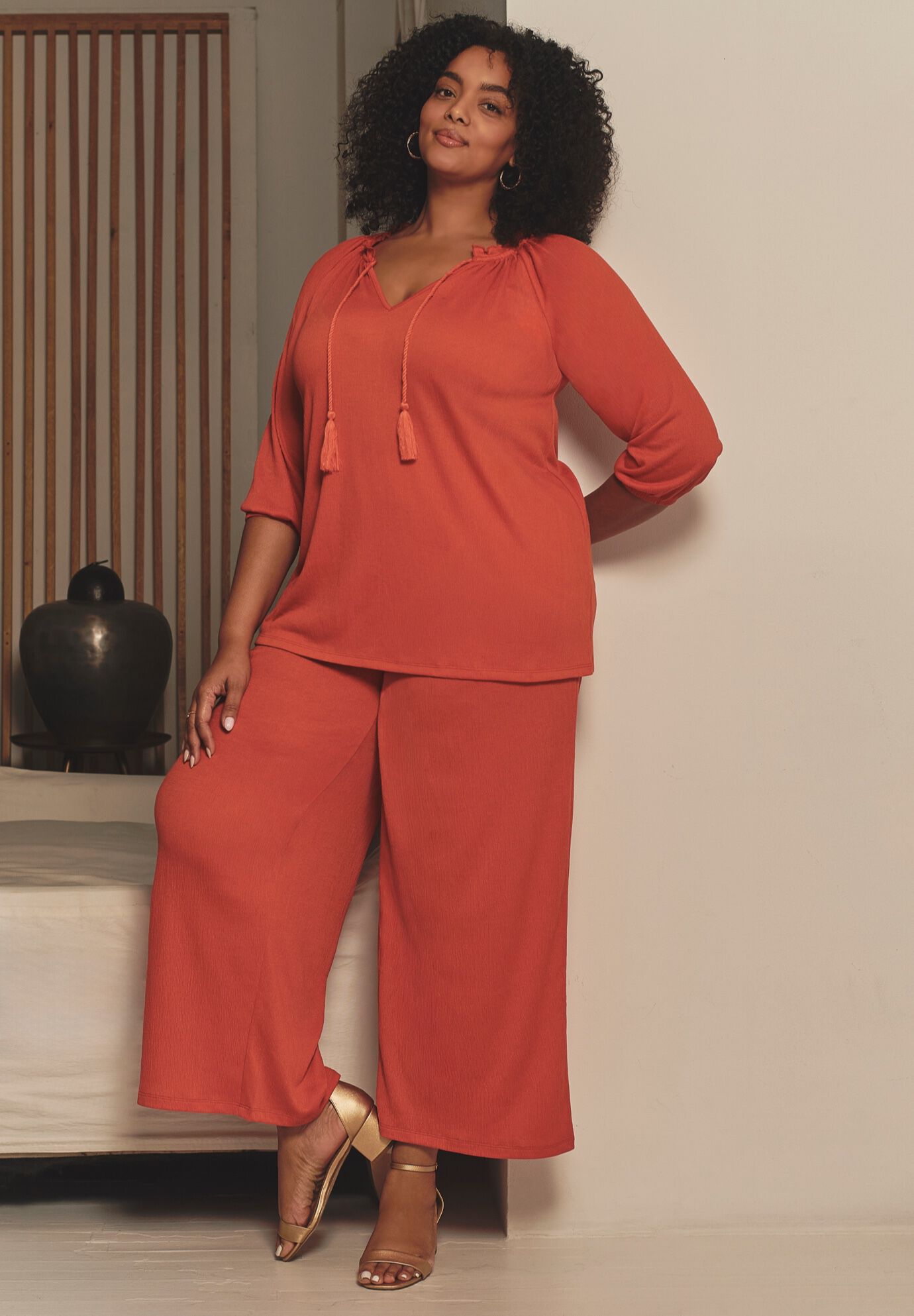 Knit Gauze Smocked Wide-Leg Pants, OLIVE GREEN, on-hover image number 1