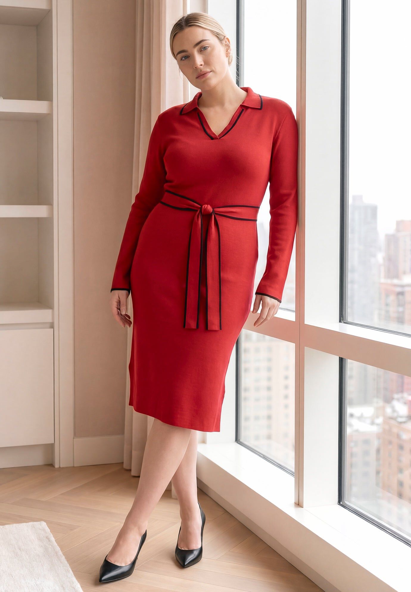 Tipped Collared Sweater Dress, VIBRANT RED, hi-res image number 0
