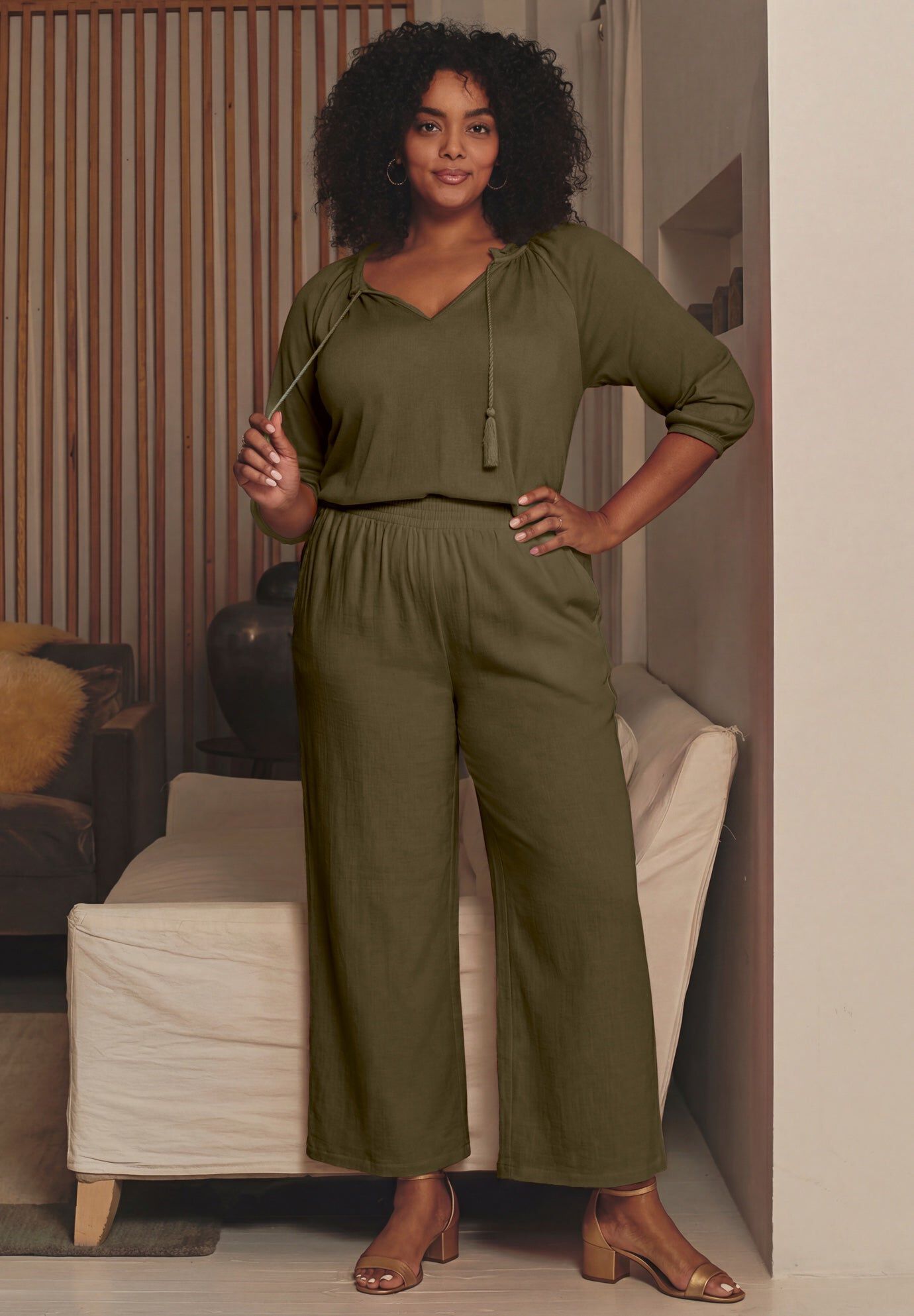 Knit Gauze Smocked Wide-Leg Pants, OLIVE GREEN, hi-res image number 0