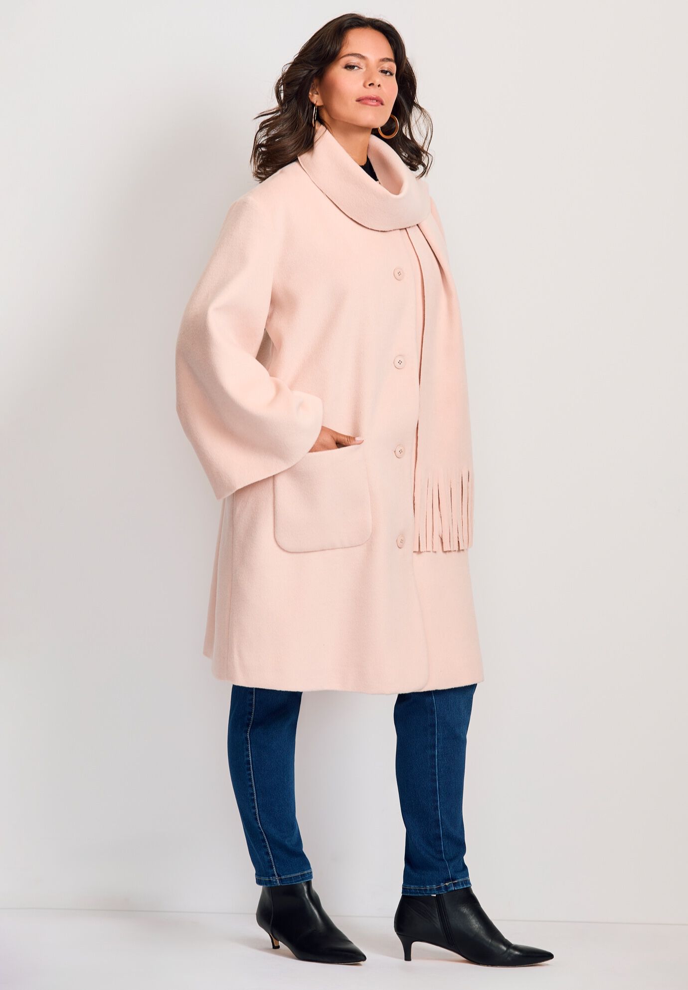 Detachable Fringe Scarf Coat, POWDER BLUSH, alternate image number 4