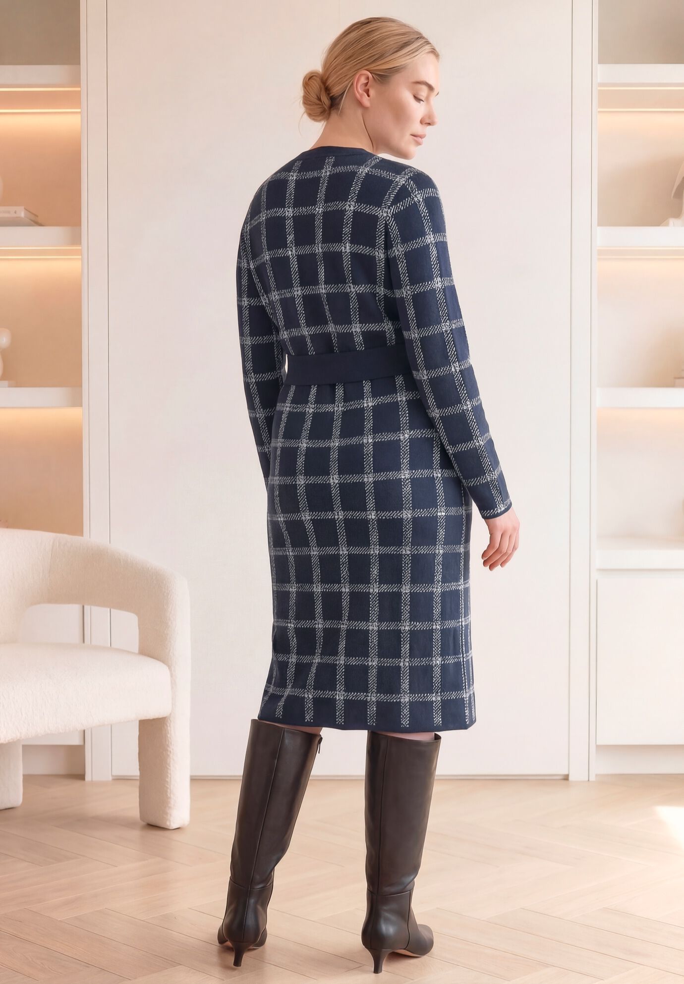 Cardigan Sweater Dress, NAVY WINDOWPANE, alternate image number 2