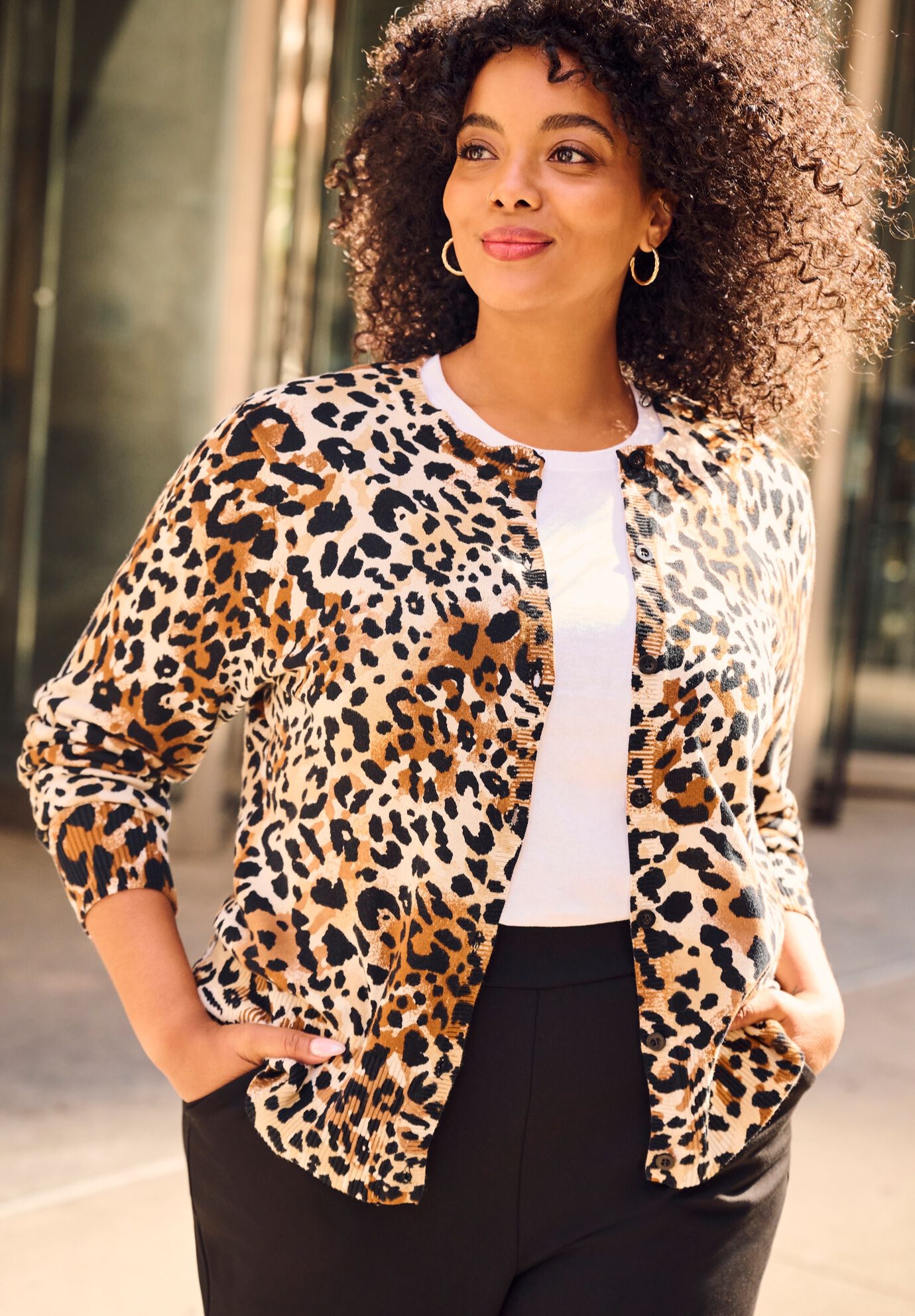 Signature Fine Gauge Cardigan, AQUA TROPICAL FERN, on-hover image number 1