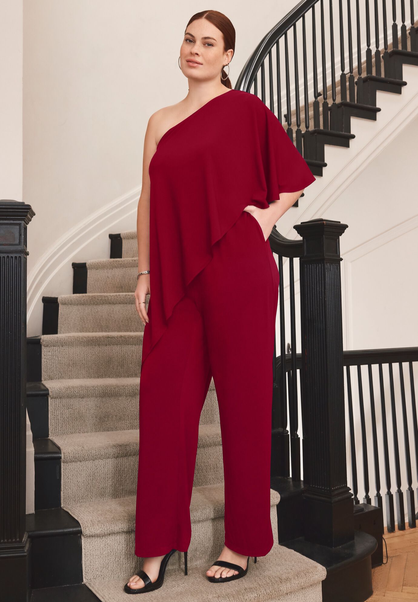 Audrey One Shoulder Jumpsuit, RICH BURGUNDY, alternate image number 2