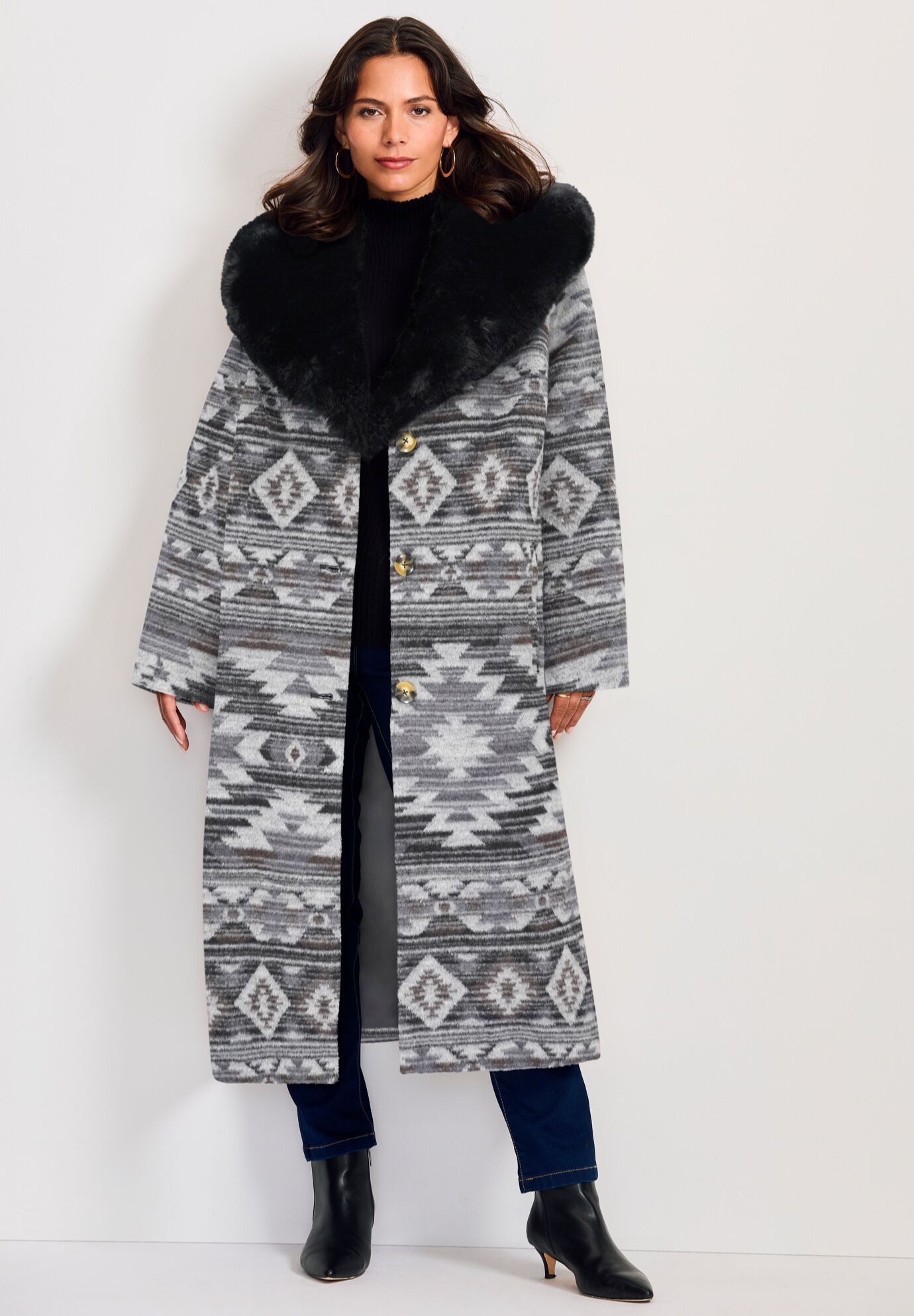 Faux Fur Trim Coat, BLACK AZTEC GEO, on-hover image number 1