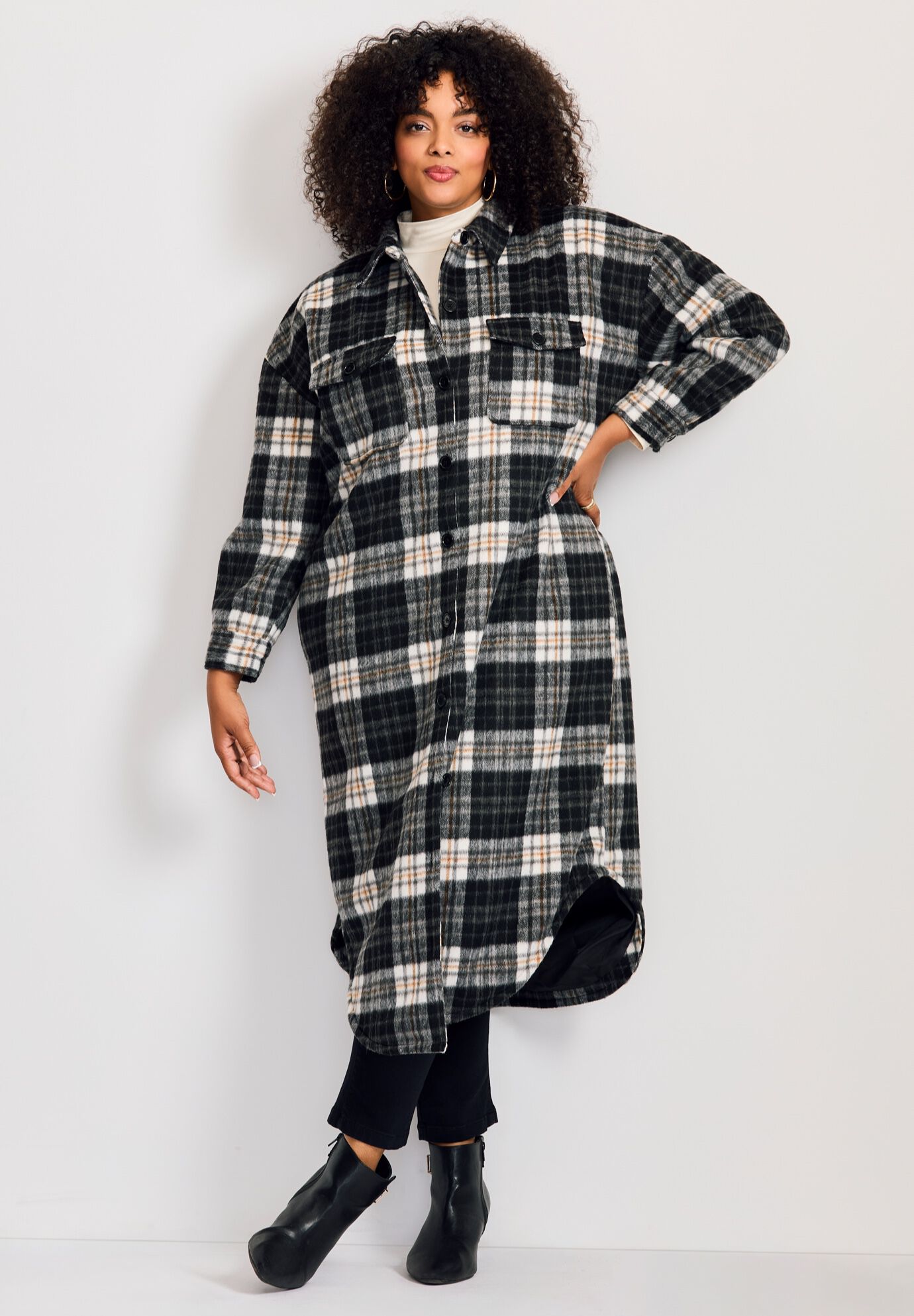 Brushed Long Shirt Jacket, BLACK BRUSHED PLAID, alternate image number 5