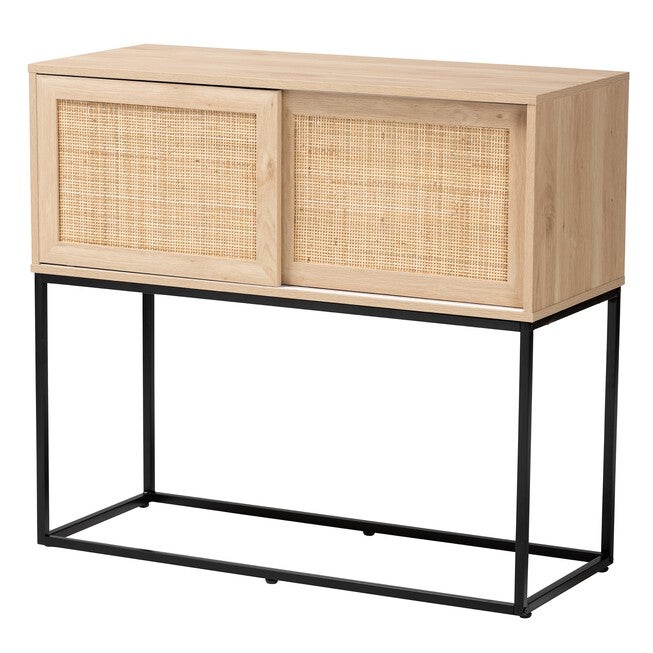 Amelia Mid-Century Modern Transitional Natural Brown Finished Wood And Natural Rattan Sideboard Buffet, NATURAL BROWN BLACK, hi-res image number 0