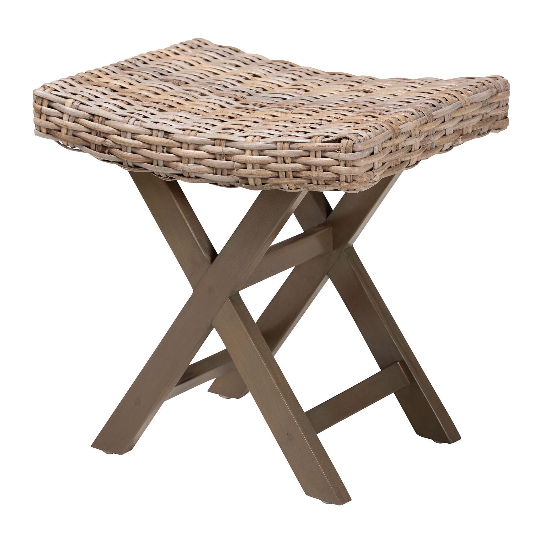 Hayate Bohemian Grey Kubu Rattan And Mahogany Wood Ottoman Footstool, GREY TAUPE, hi-res image number 0