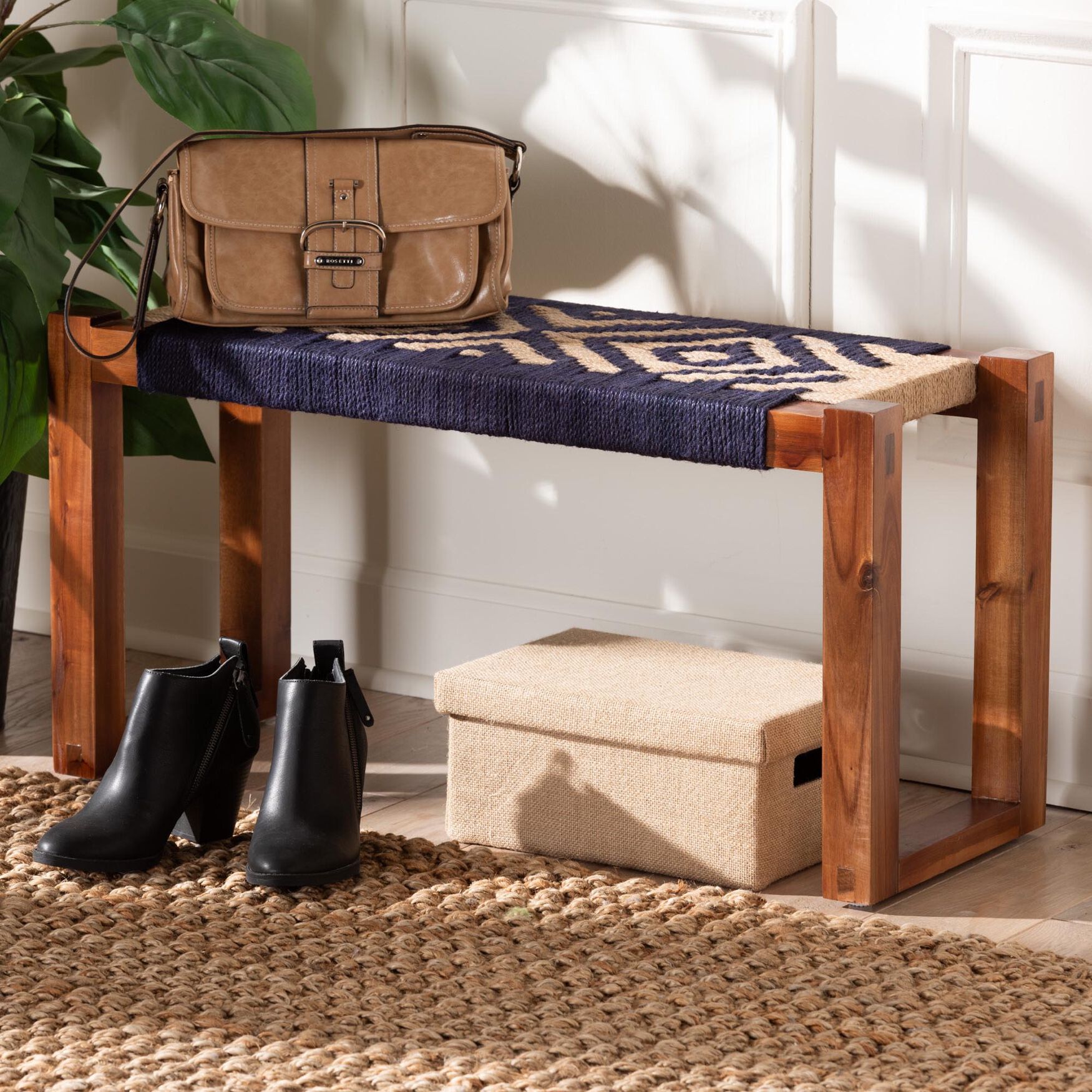 Prunella Modern Bohemian Two-Tone Navy Blue and Natural Brown Seagrass and Acacia Wood Accent Bench, , alternate image number 11