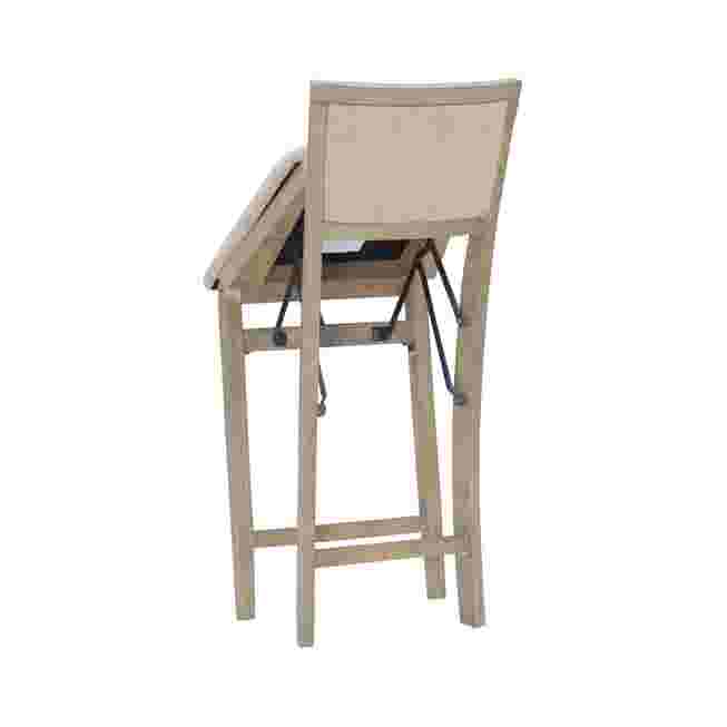 Rear view of a grey wash folding bar stool with seat tilted