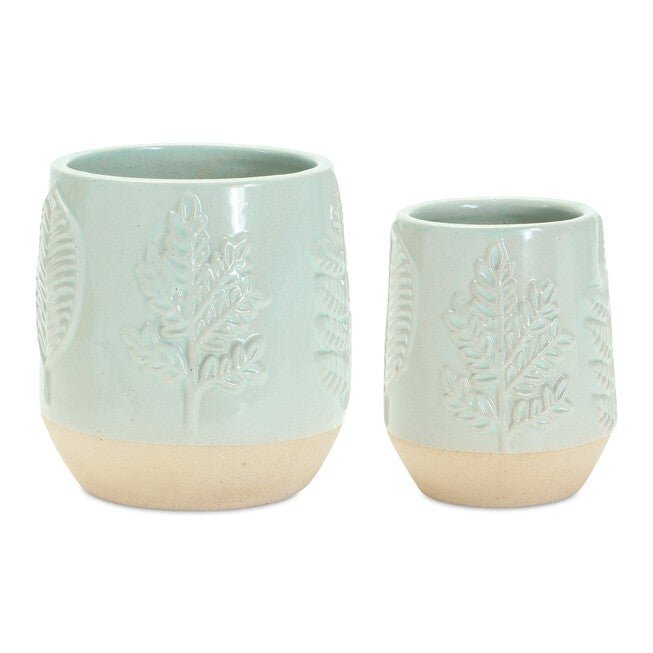 Two-Tone Porcealin Planter with Leaf Design (Set of 2), GREEN/TAN, hi-res image number null