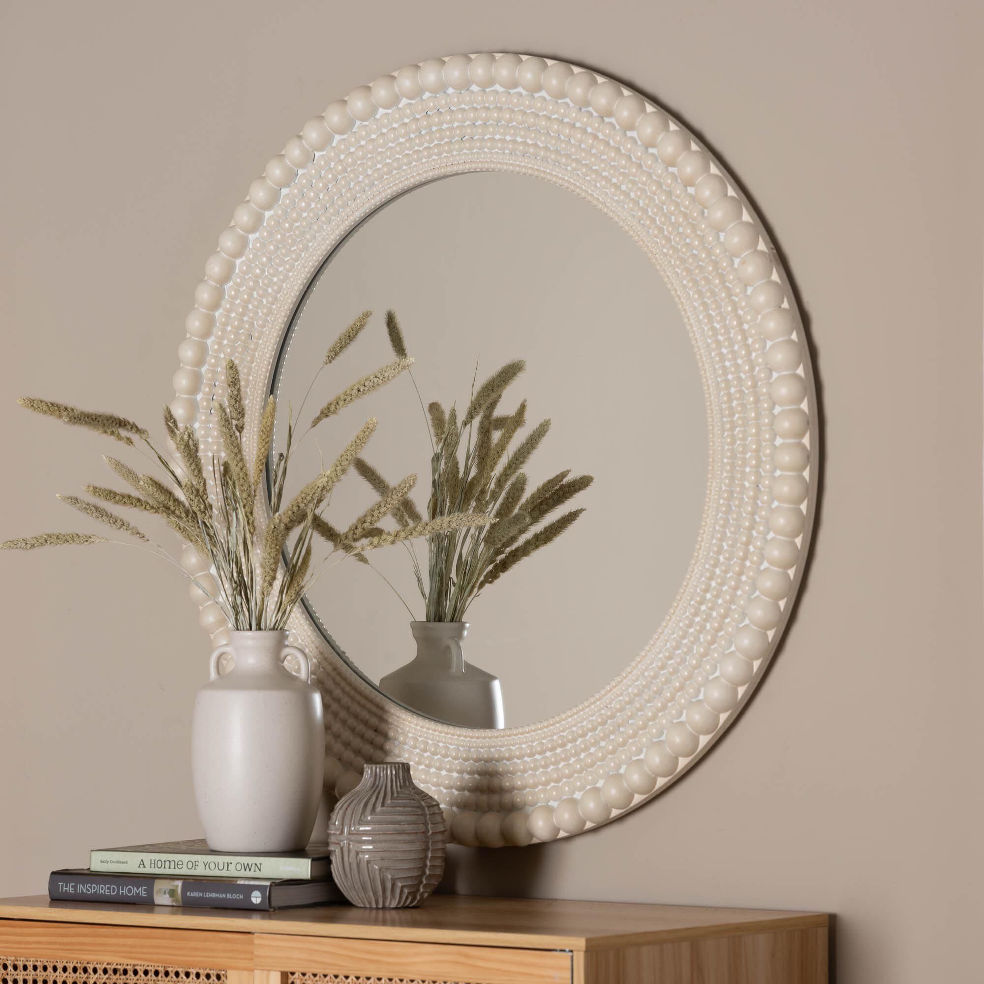 Grazia Modern Round Beaded-framed Accent Mirror in Pearl White, WHITE, hi-res image number 0