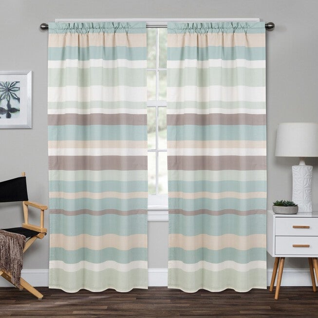 Coastal Stripe Window Panel Pair, BLUE GREEN BROWN, hi-res image number 0