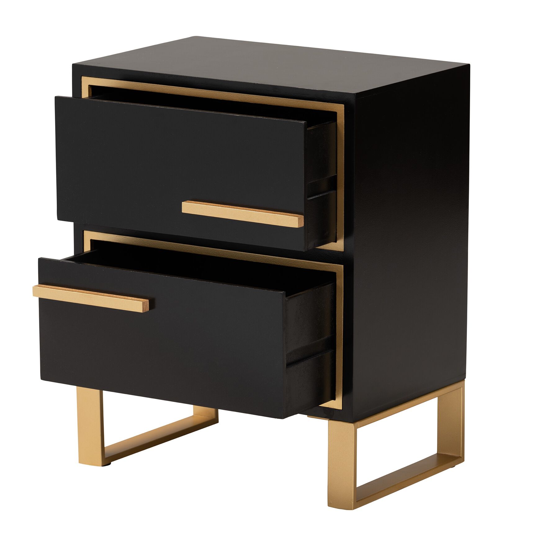 Black two-drawer nightstand with gold handles partially open
