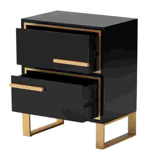 Black two-drawer nightstand with gold handles partially open