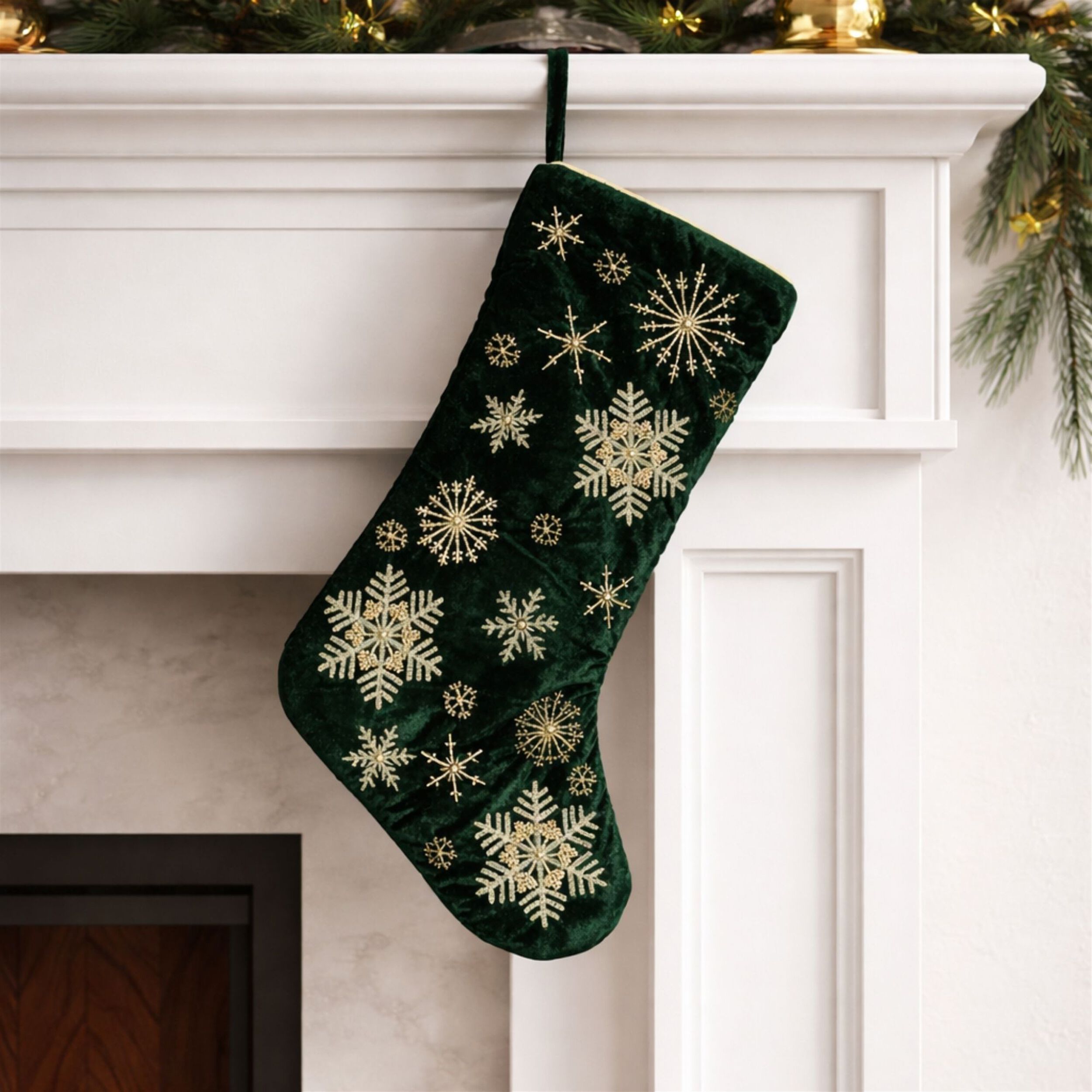 Velvet Snowflake Christmas Stocking 19.5 inchesH, GREEN GOLD, on-hover image number 1