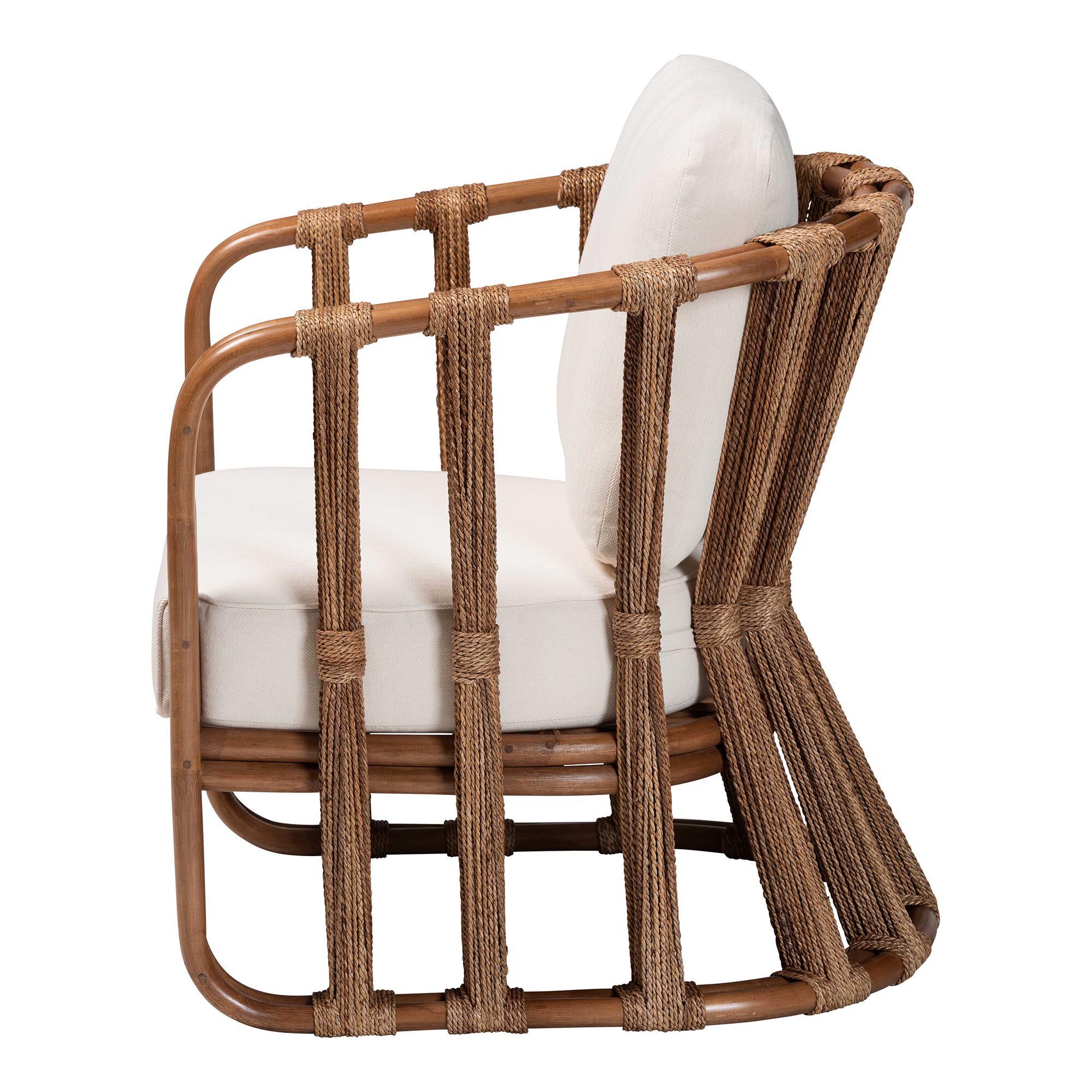 Side view of rattan armchair with white cushion