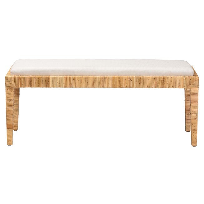 Sofia Modern Bohemian Natural Brown Rattan And Mahogany Wood Bench, , on-hover image number null