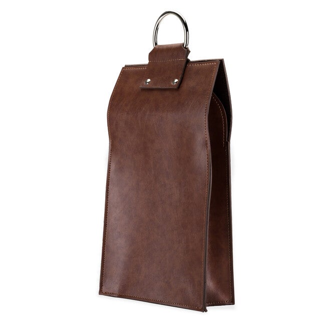 Brown Faux Leather Double-Bottle Wine Tote, BROWN, hi-res image number null