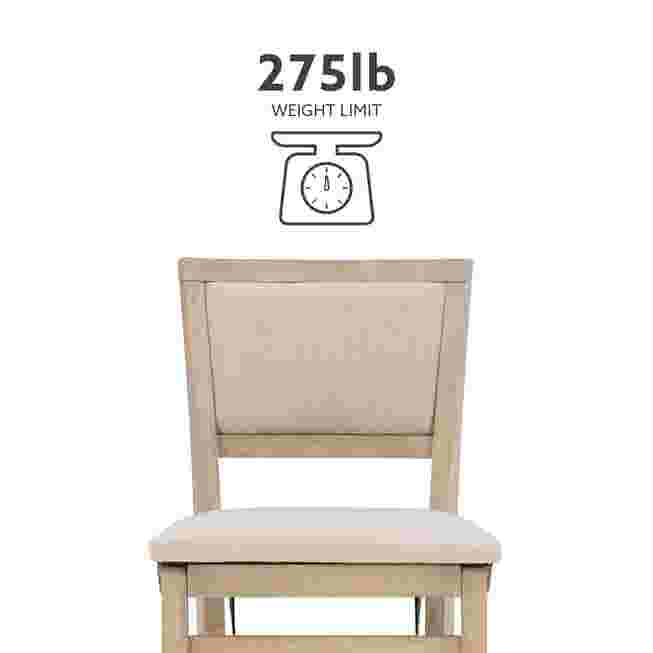 Grey wash folding bar stool with weight limit information