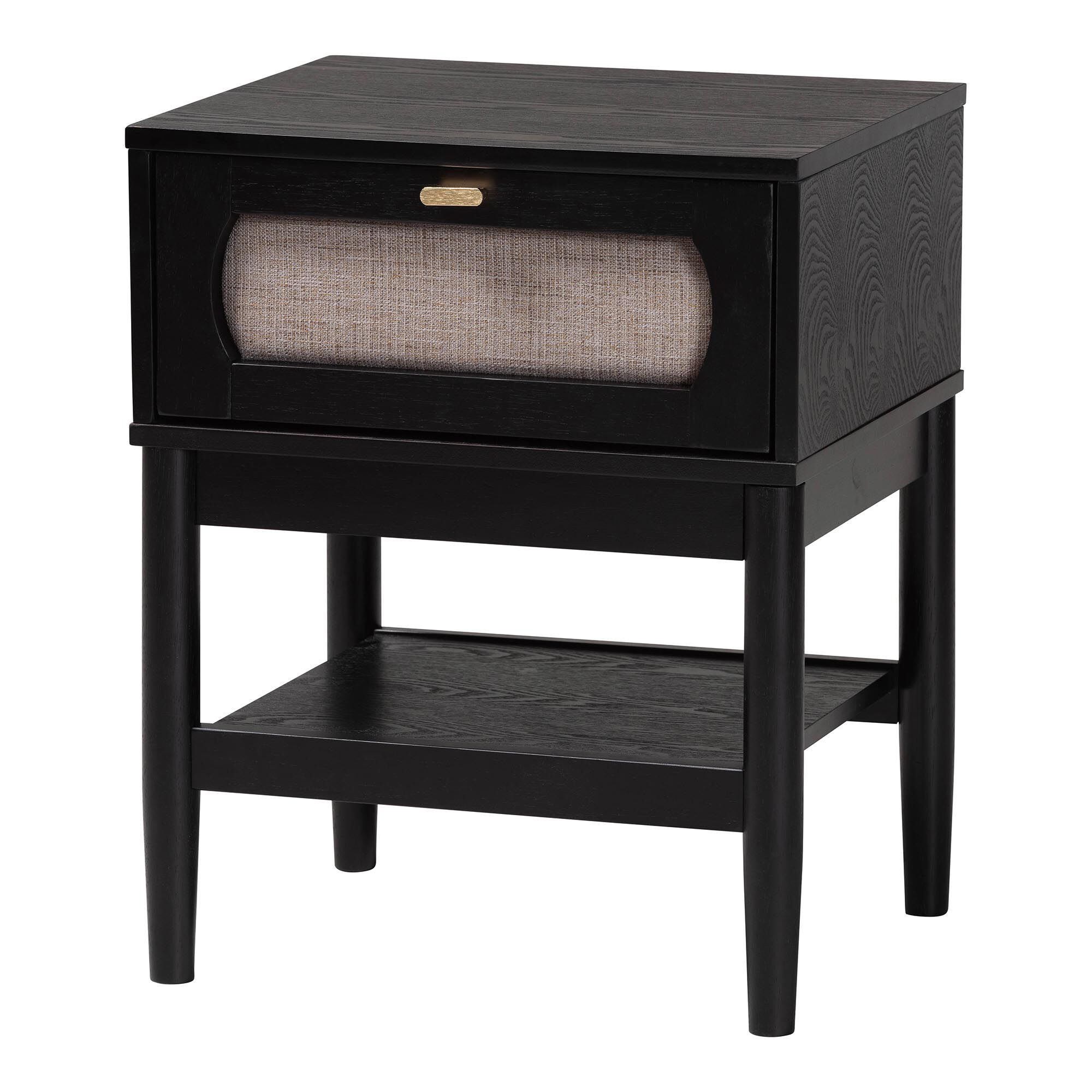 Shirin Mid-Century Beige Fabric and Black Wood 1-Drawer Nightstand, BLACK, alternate image number 1