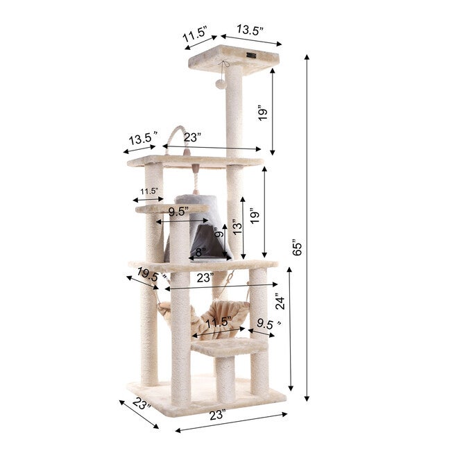 65 inches Real Wood Cat Tree With Sisal Rope, Hammock, Playhouse, , alternate image number null