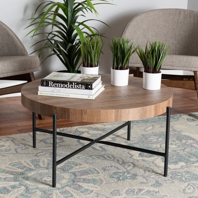 Umar Modern Industrial Walnut Brown Finished Wood And Black Metal Coffee Table, , alternate image number 5