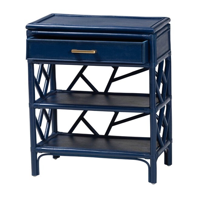 Blue nightstand with drawer and open crisscross shelves