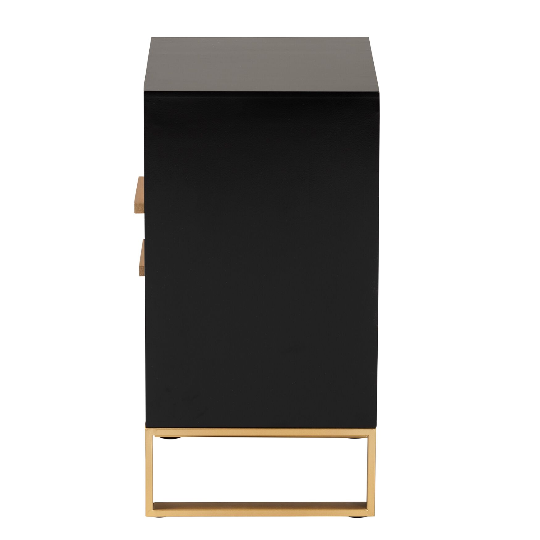 Side view of black nightstand with gold legs