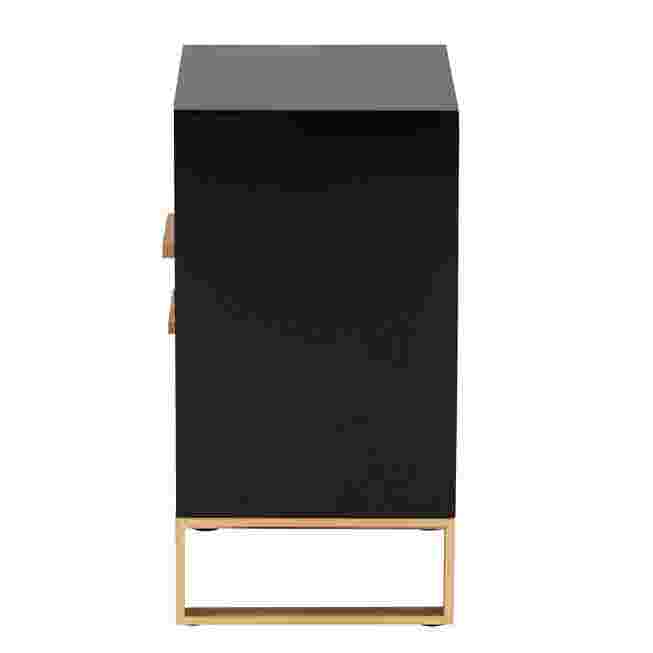 Side view of black nightstand with gold legs
