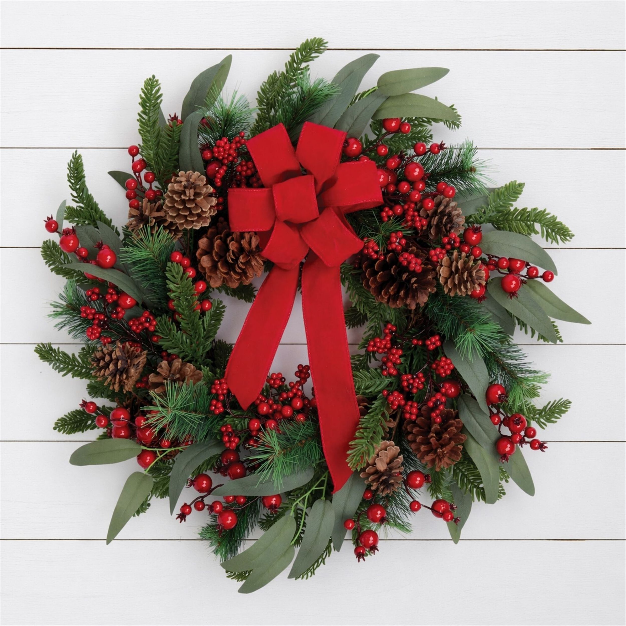 Fresh Touch Pine and Berry Wreath with Bow 24 inchesD, RED GREEN BROWN, alternate image number 1