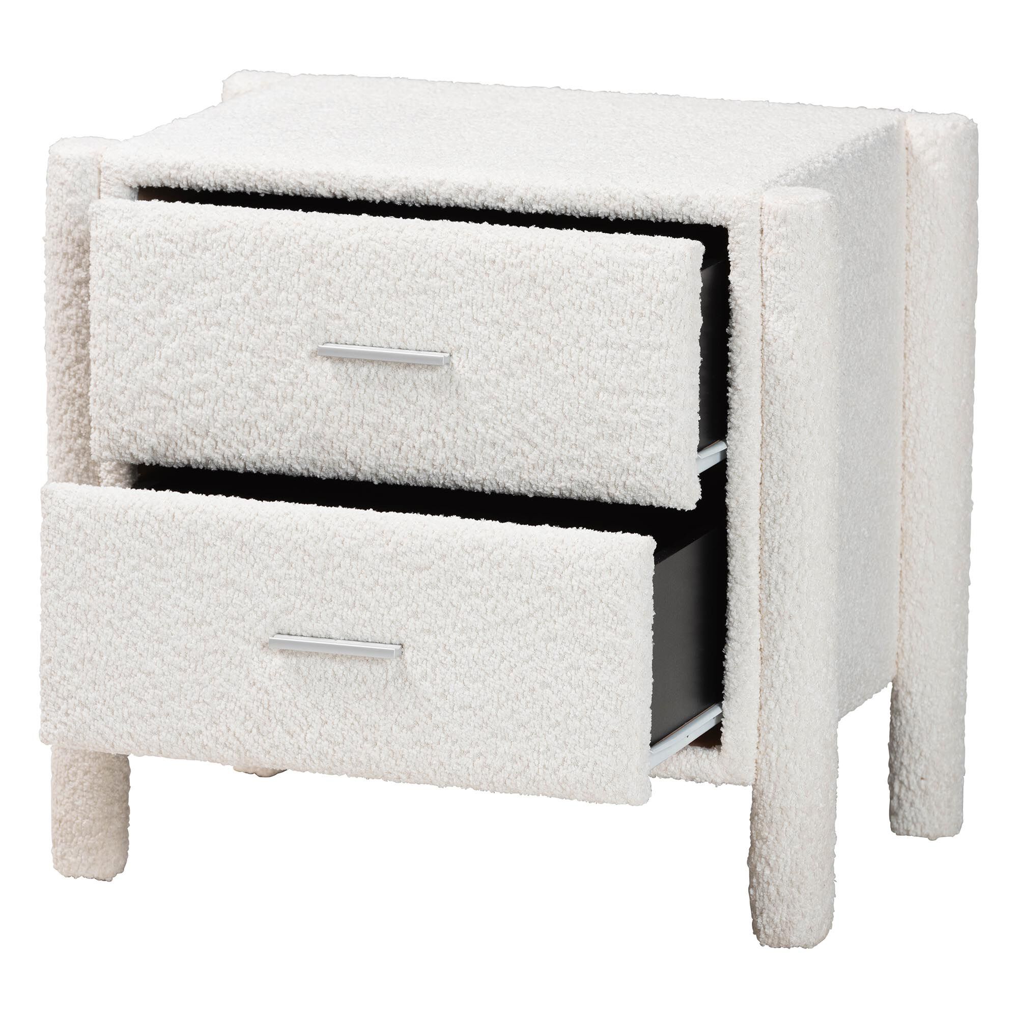 Open drawers of white 2-drawer nightstand
