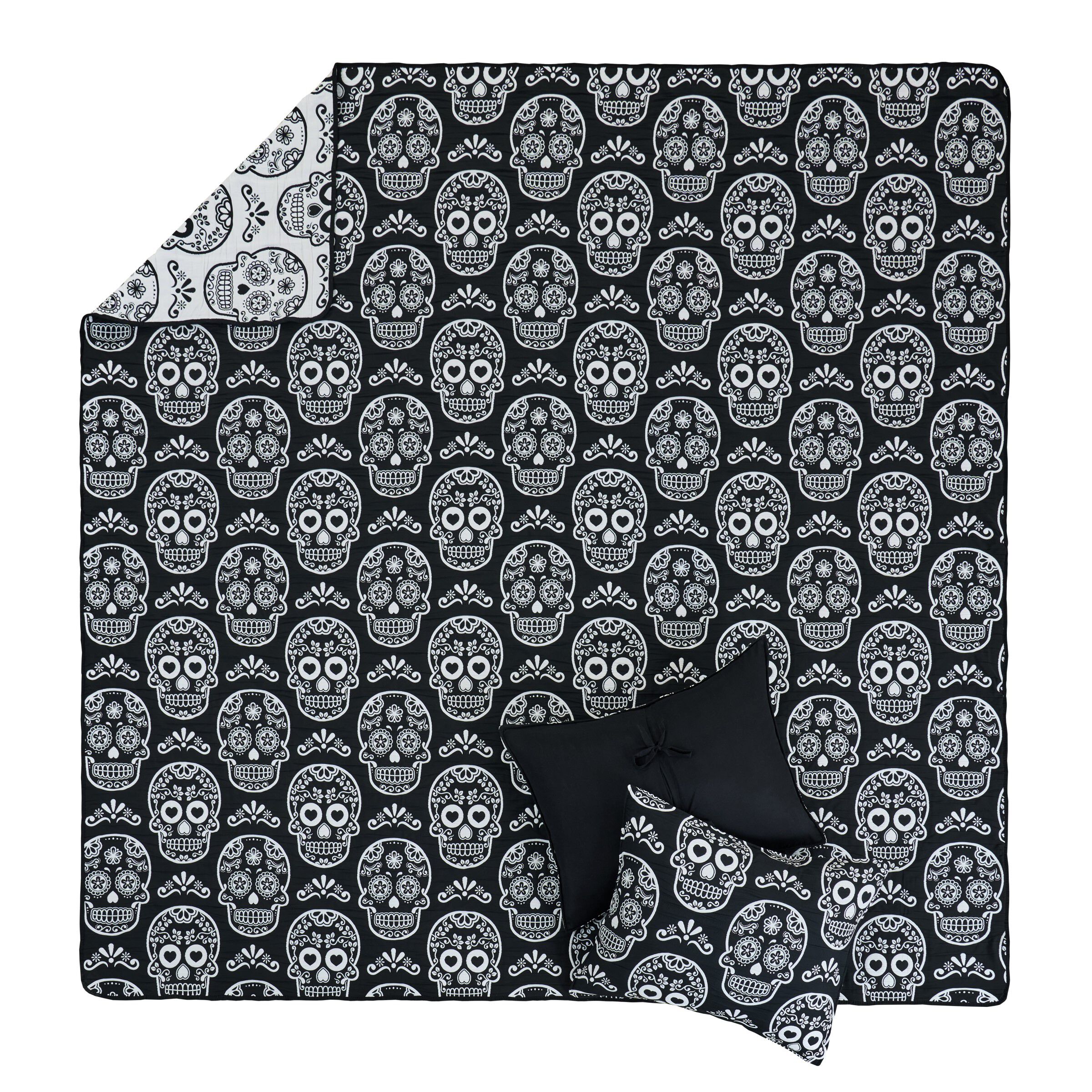 Sugar Skull Novelty Halloween Skull Coverlet Set, BLACK, alternate image number 3