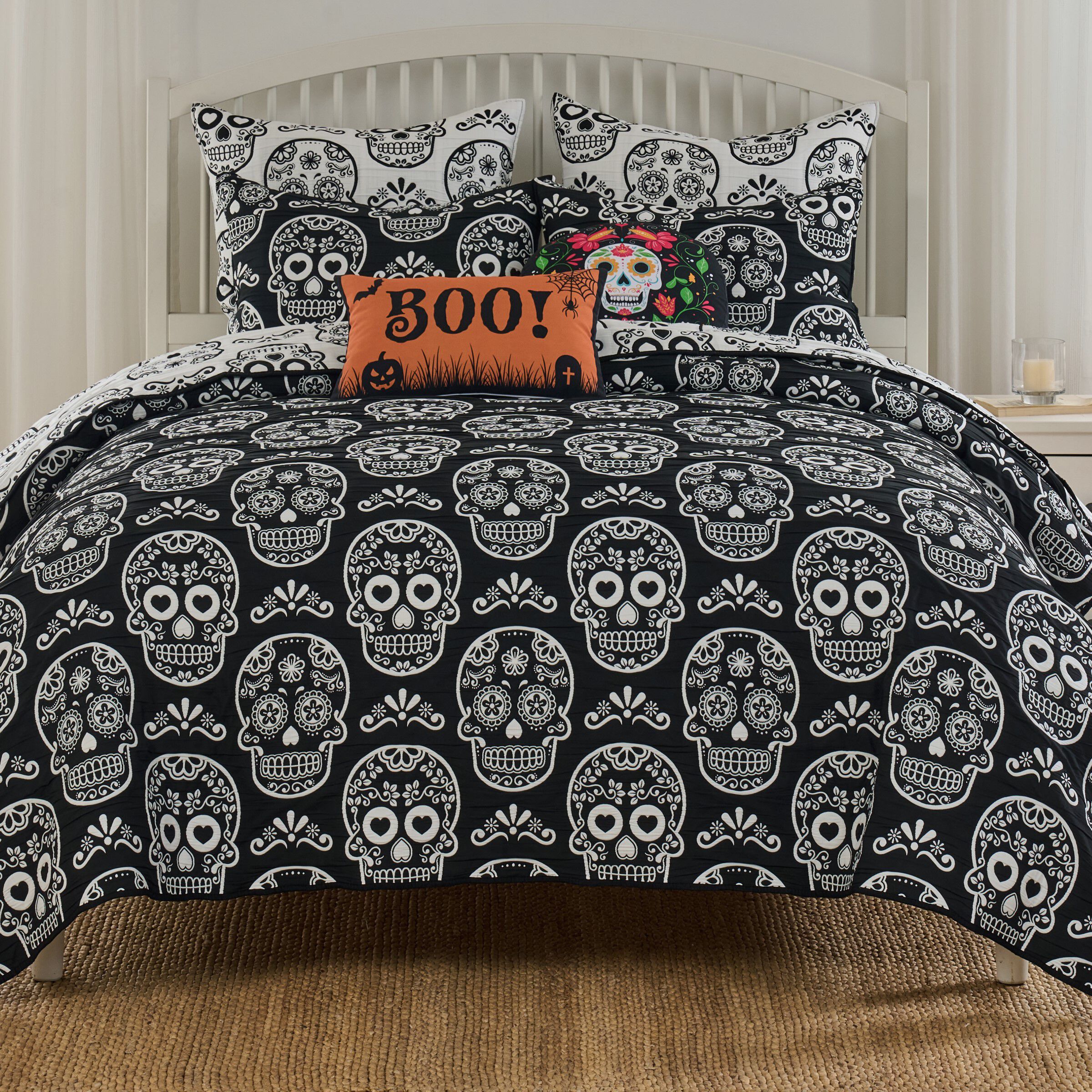 Sugar Skull Novelty Halloween Skull Coverlet Set, BLACK, alternate image number 1