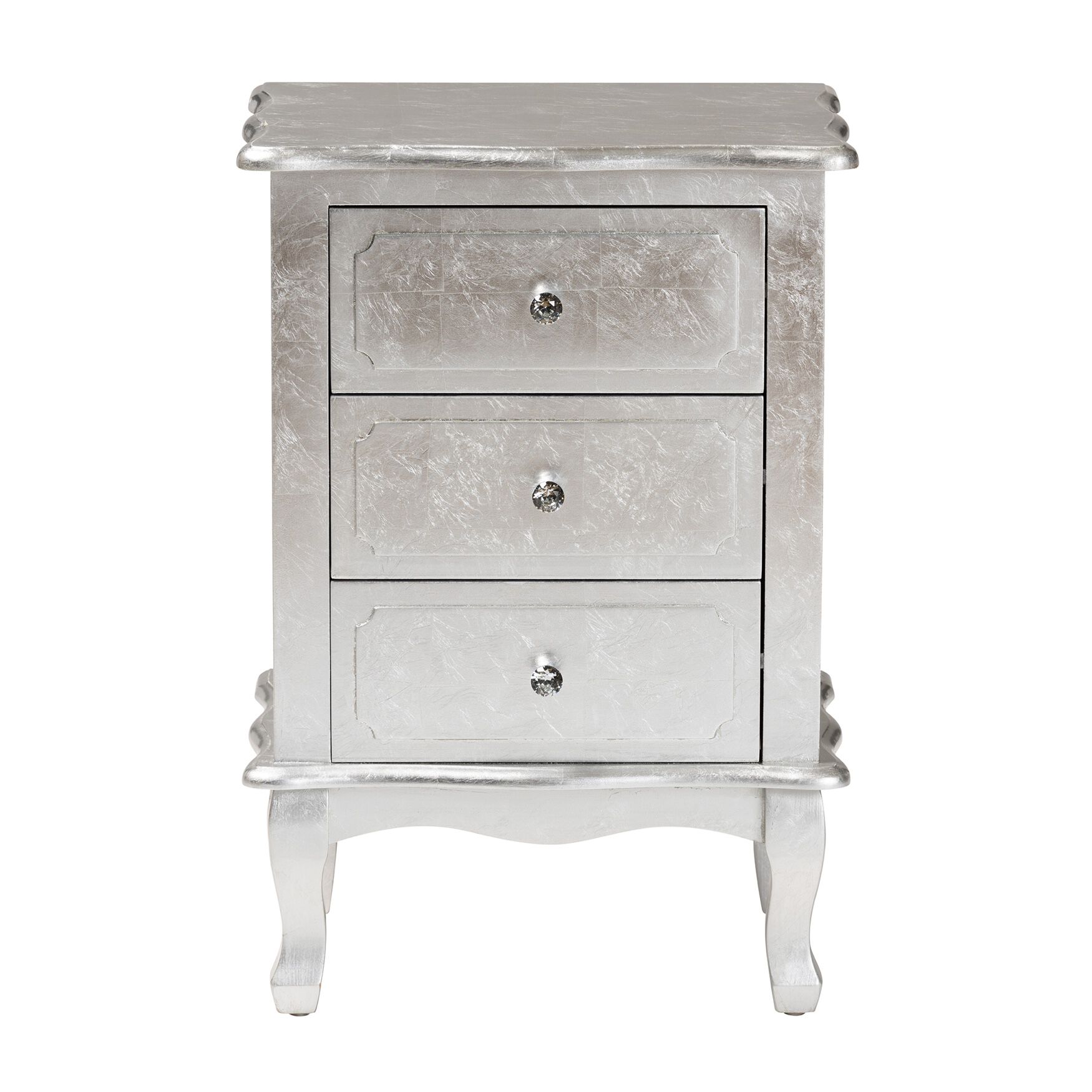 Front view of silver nightstand with three drawers