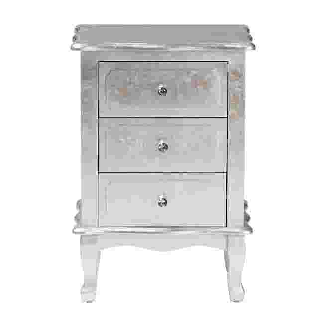 Front view of silver nightstand with three drawers