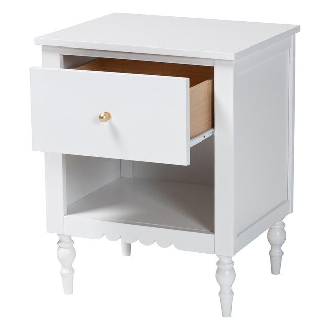 White nightstand with drawer open showing wood interior