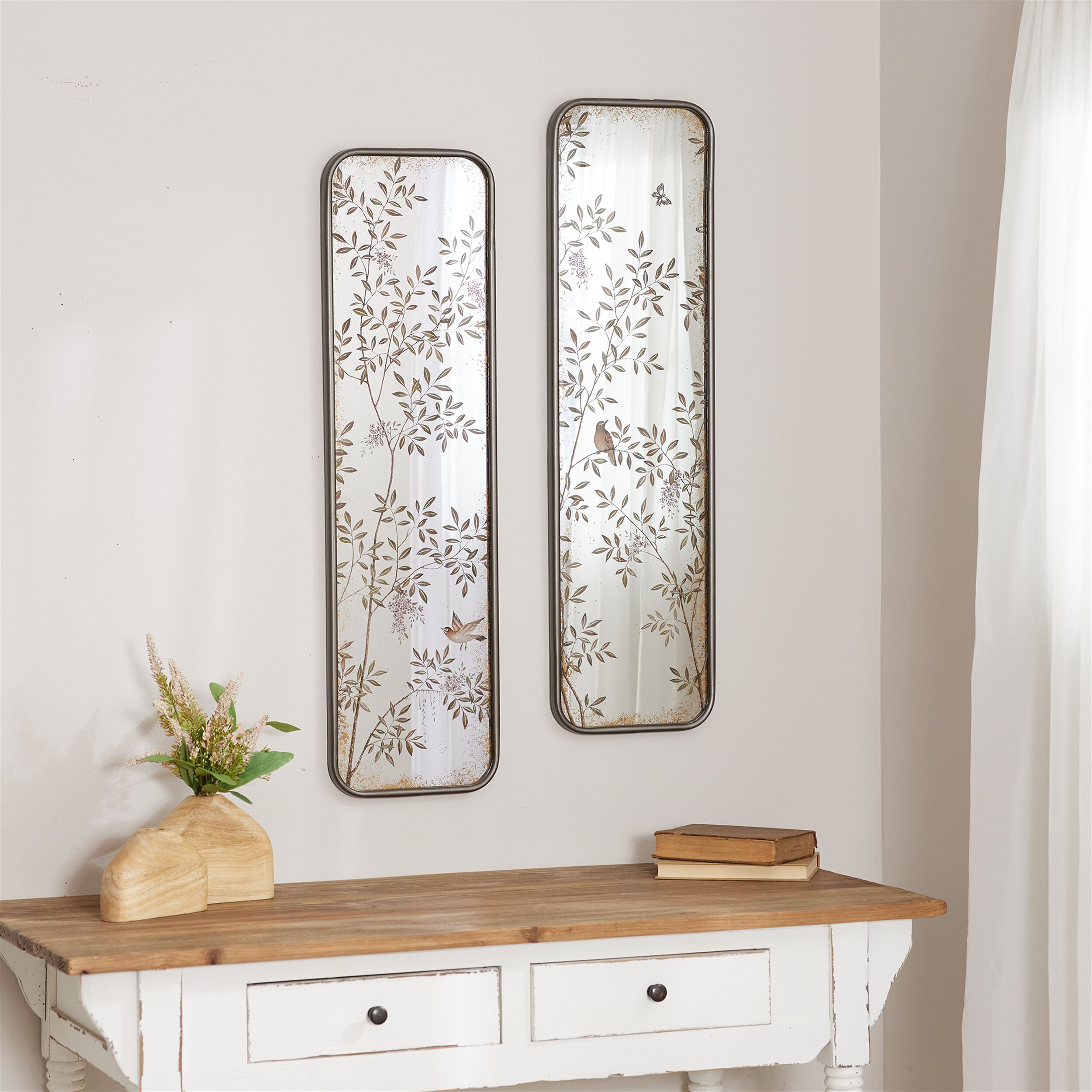 Wall Mirror with Bird and Floral Foliage Print Set of 2, BLACK GREEN, alternate image number 2