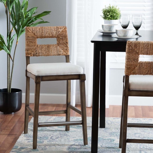 Porsha Modern Bohemian Dark Brown Finished Mahogany Wood And Natural Rattan Counter Stool, , alternate image number 6