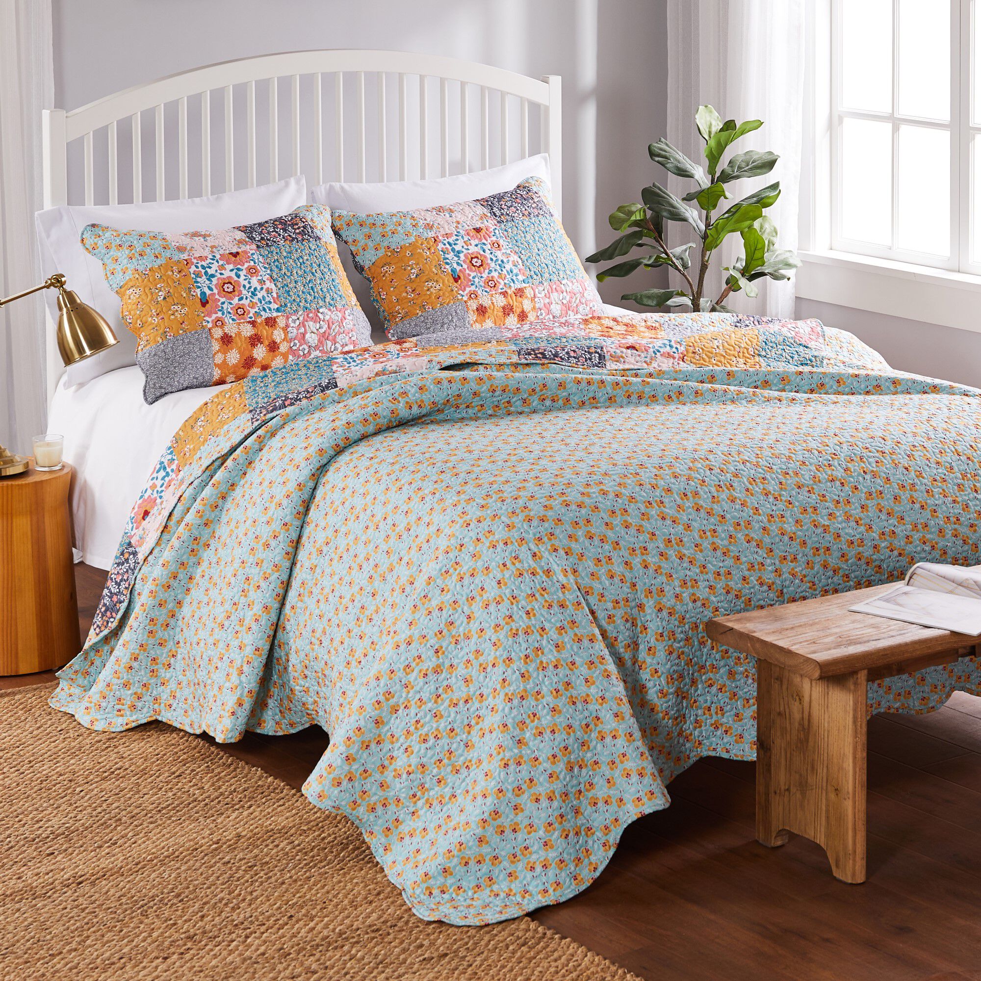 Carlie Calico Patchwork Cotton Quilt Set, CALICO PATCHES, on-hover image number 1