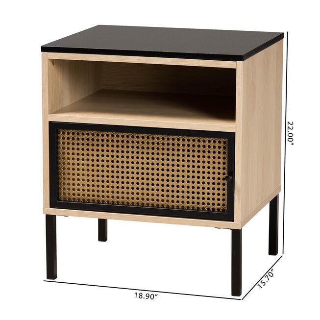 Felton Mid-Century Modern Two-Tone Black And Gold Metal And Light Brown Finished Wood 1-Door End Table, , alternate image number 9