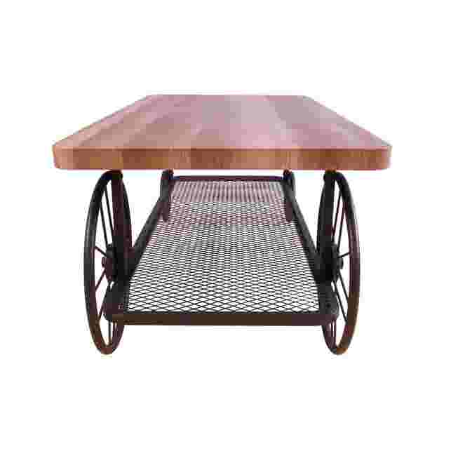 Front view of coffee table with metal frame and wheels