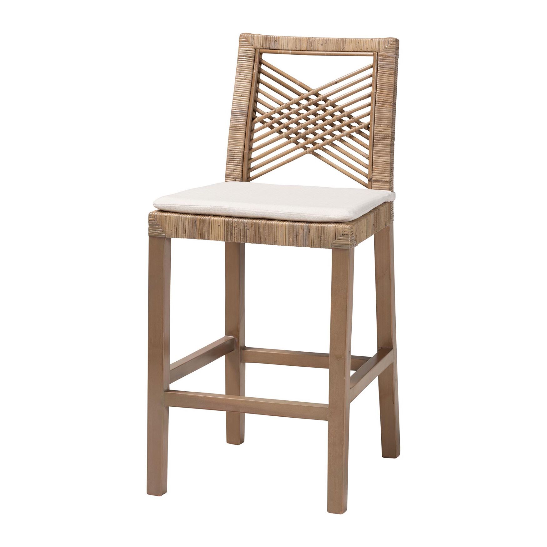 Poltak Modern Bohemian Grey Natural Kubu Rattan And Mahogany Wood Counter Stool, GREY TAUPE, hi-res image number 0