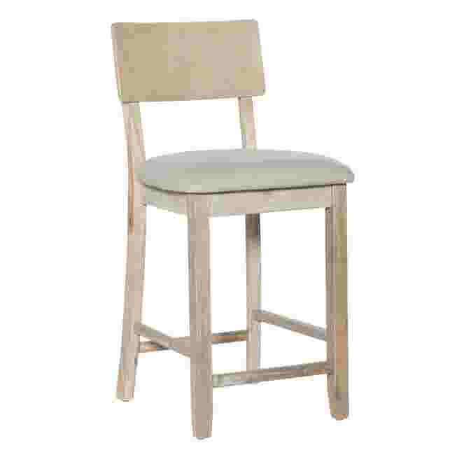 Jordan gray wash bar stool with light gray upholstered seat and back