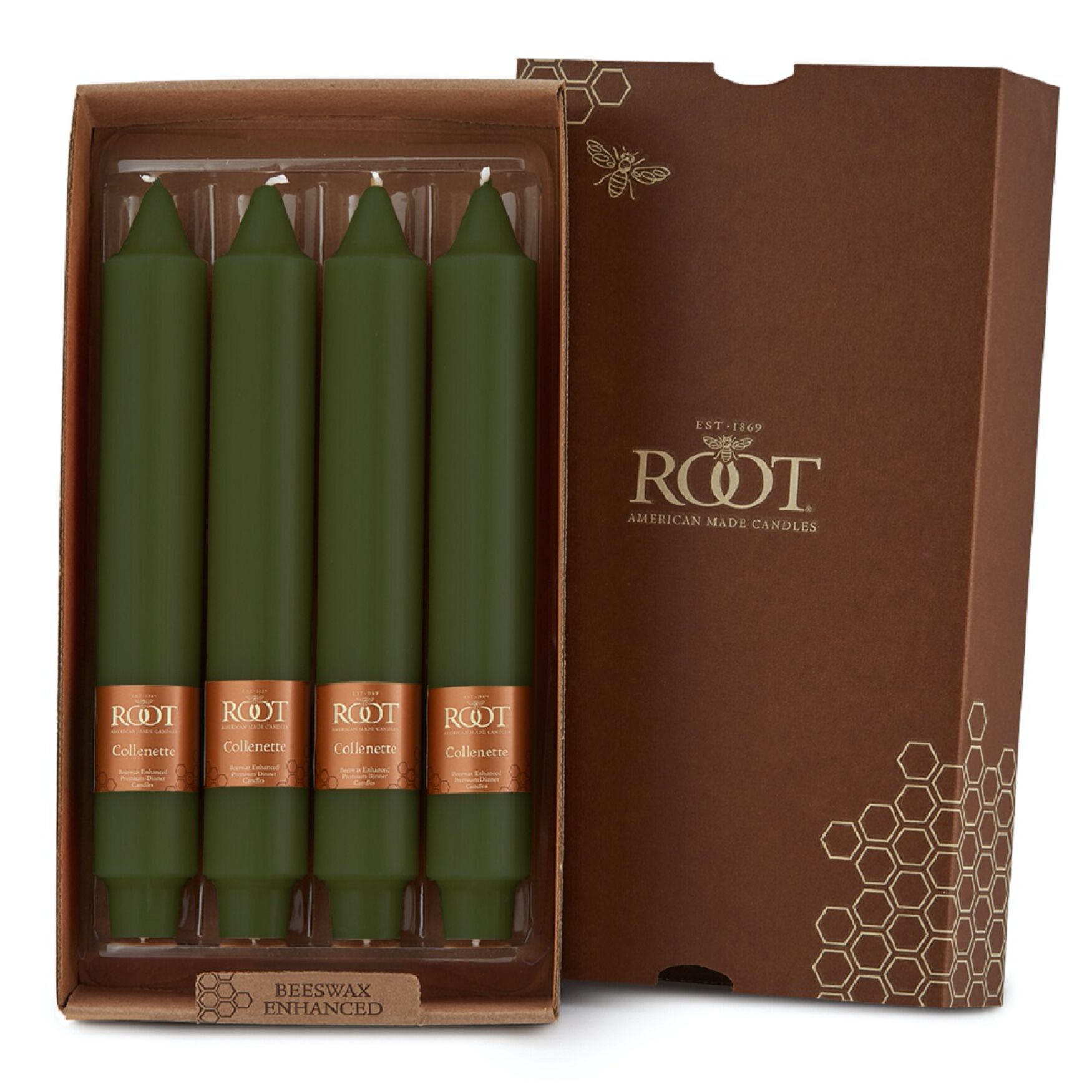 Smooth Collenette 9 inch Dark Olive Unscented Taper Candle, Box of 4, GREEN, hi-res image number 0
