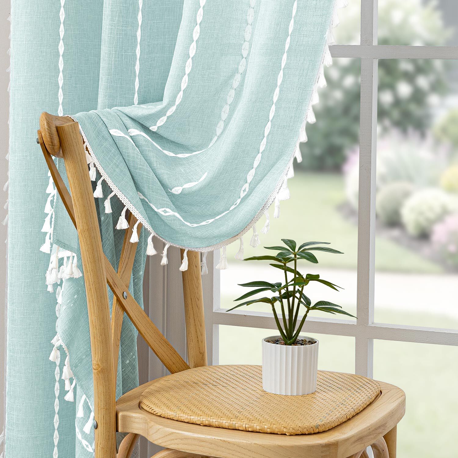 Boho Tassel Light Filtering Curtain Pair, LIGHT BLUE, alternate image number 3