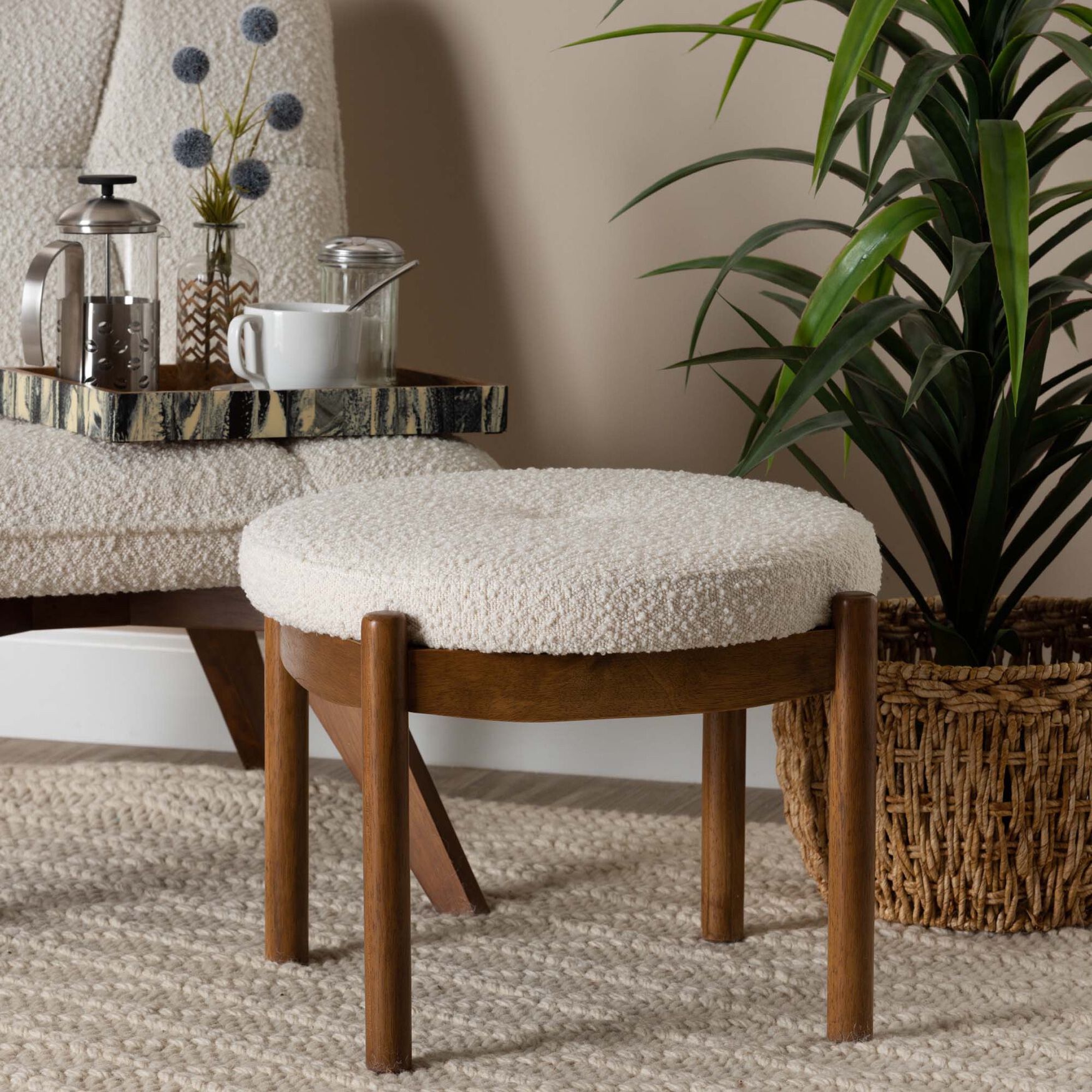 Iliana Japandi Cream Boucle Fabric And Walnut Brown Finished Rubberwood Ottoman Footstool, , alternate image number 3